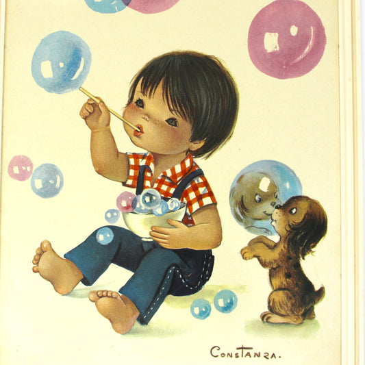 Illustration of a child blowing bubbles with a dog on a light yellow background