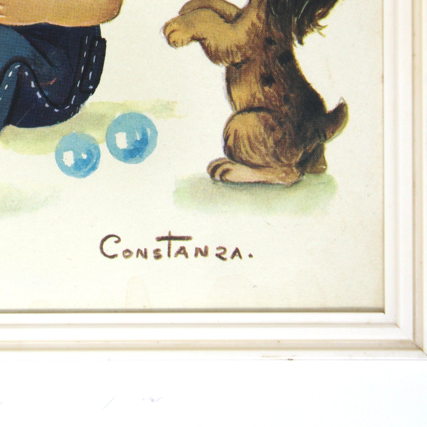 Print, Framed, Boy Blowing Bubbles with Dog, Constanza, Big Eyes, Sandgaard Denmark, Mid-Century Kitsch, Vintage 1950s–1970s