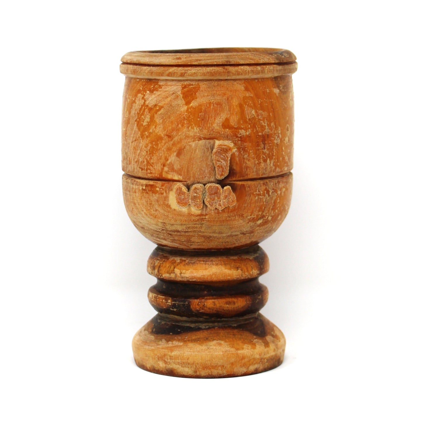 Mortar, Hand Turned Hardwood, Borincan Mark, Puerto Rican Artisan, Turned Pedestal Rings, Rustic Patina, Vintage, 1930s-1940s