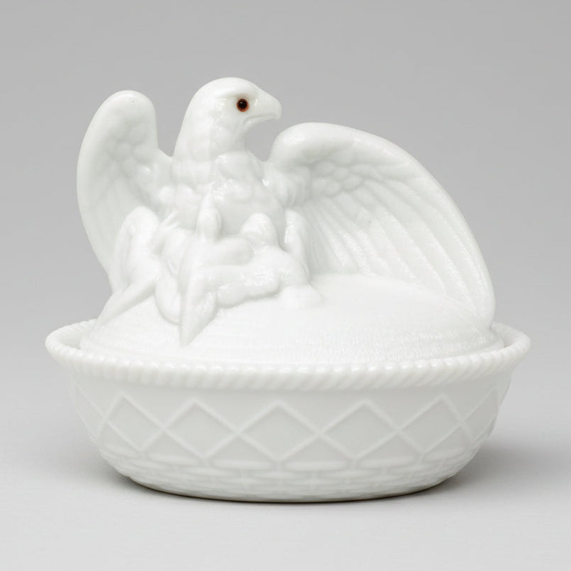 Vintage Westmoreland Liberty Eagle on Nest Candy Dish.  White milk glass featuring an eagle on nest design with amber eyes and eaglets.
