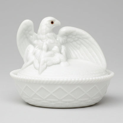 Vintage Westmoreland Liberty Eagle on Nest Candy Dish.  White milk glass featuring an eagle on nest design with amber eyes and eaglets.