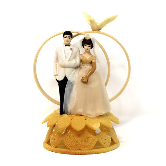 Cake Toppers, Bride & Groom, Mid Century Hand Painted, Celluloid, Real Tulle, Wilton Vintage 1950's