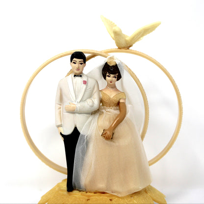 Cake Topper, Bride & Groom, Wilton, Hand Painted Celluloid, Real Tulle, Dove & Rings, Mid Century, Made in Hong Kong, Vintage, 1950s-1960s