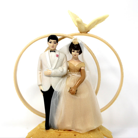 Cake Toppers, Bride & Groom, Mid Century Hand Painted, Celluloid, Real Tulle, Wilton Vintage 1950's