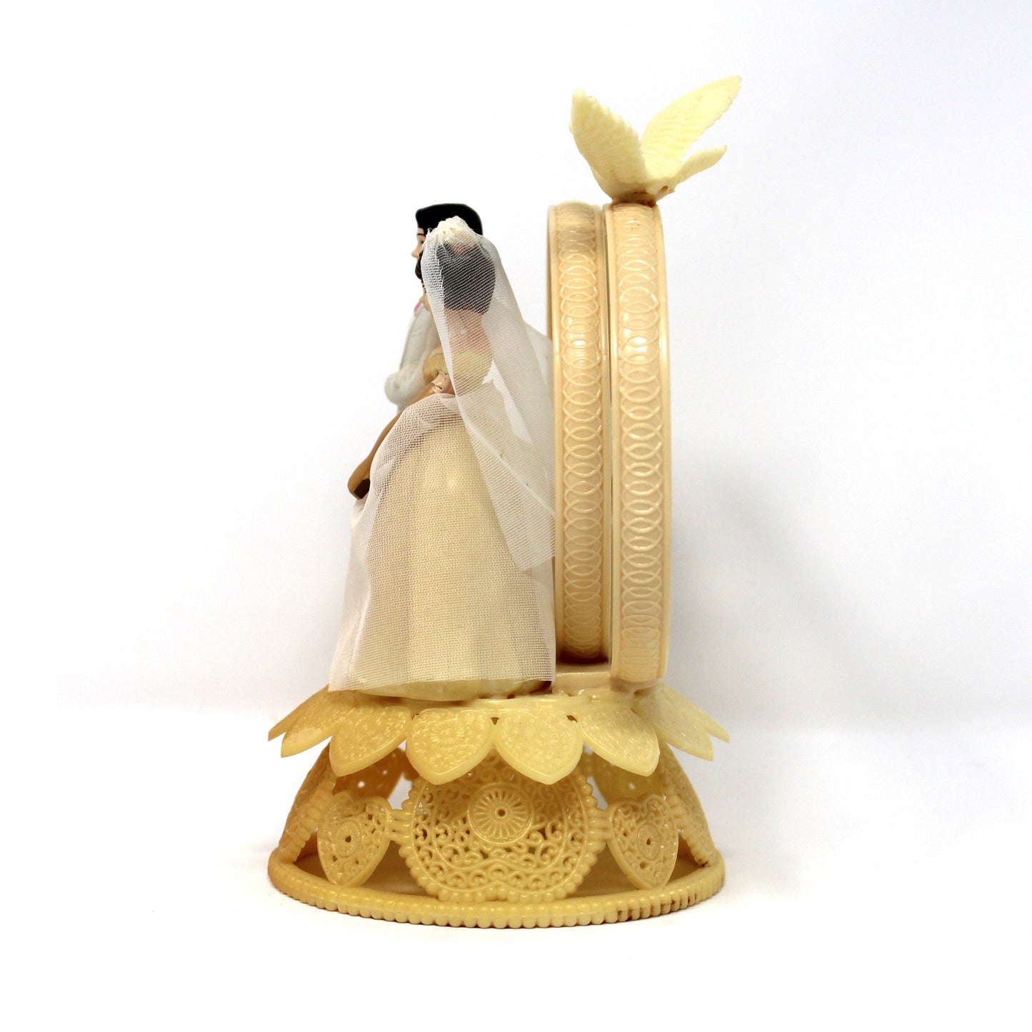 Cake Topper, Bride & Groom, Wilton, Hand Painted Celluloid, Real Tulle, Dove & Rings, Mid Century, Made in Hong Kong, Vintage, 1950s-1960s