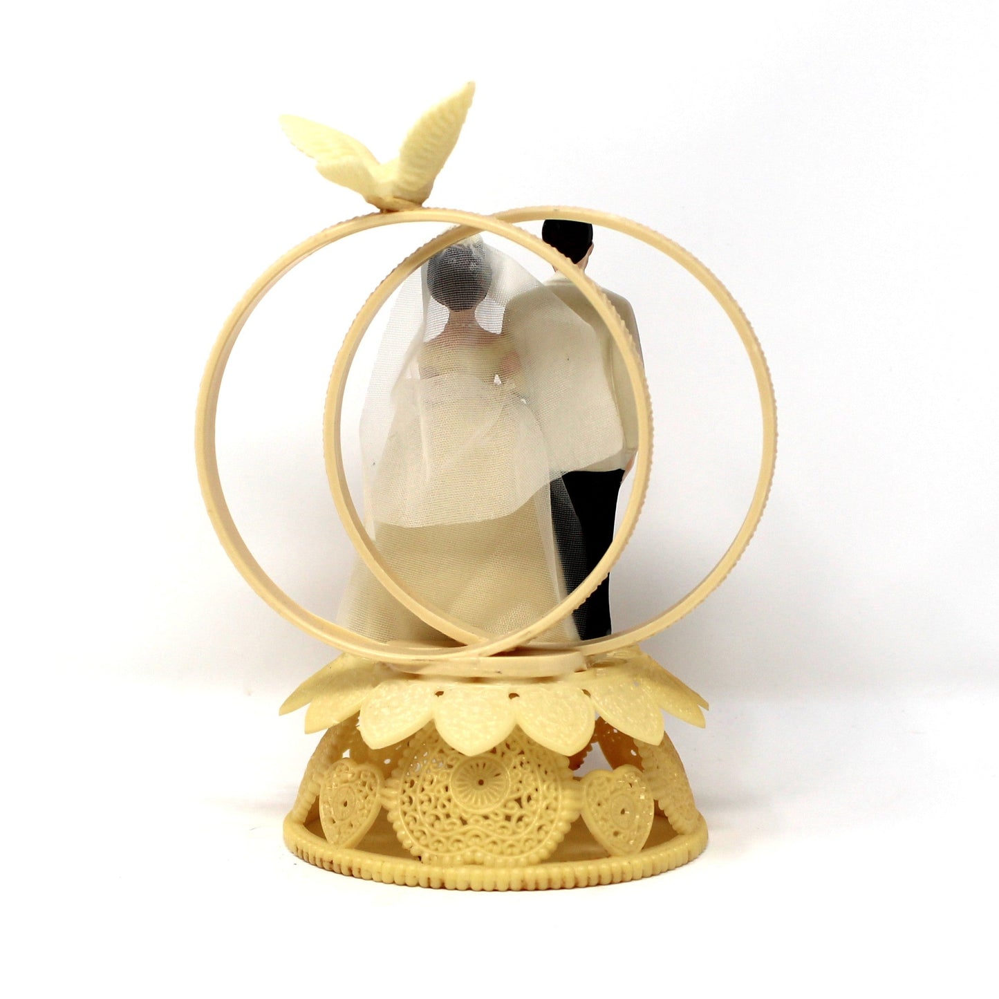 Cake Topper, Bride & Groom, Wilton, Hand Painted Celluloid, Real Tulle, Dove & Rings, Mid Century, Made in Hong Kong, Vintage, 1950s-1960s