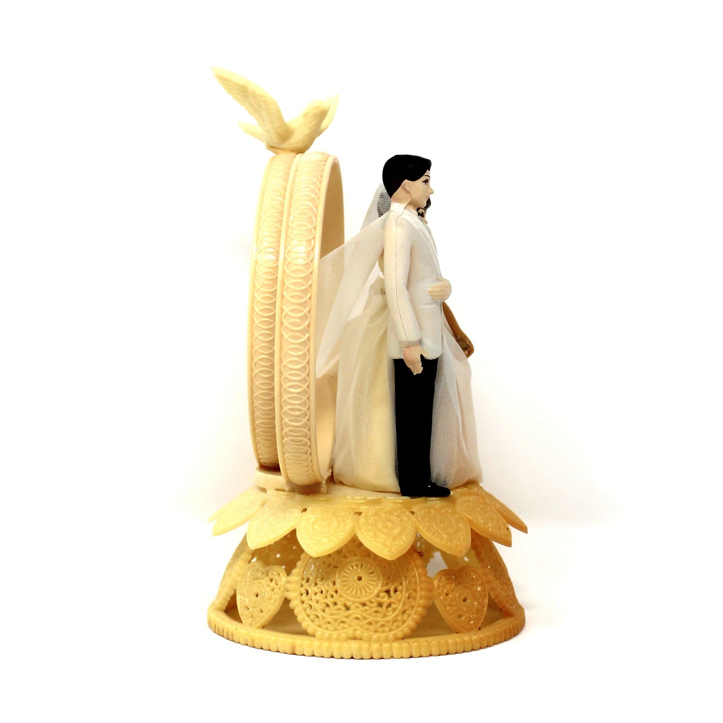 Cake Topper, Bride & Groom, Wilton, Hand Painted Celluloid, Real Tulle, Dove & Rings, Mid Century, Made in Hong Kong, Vintage, 1950s-1960s