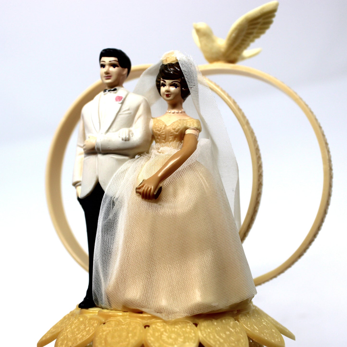 Cake Topper, Bride & Groom, Wilton, Hand Painted Celluloid, Real Tulle, Dove & Rings, Mid Century, Made in Hong Kong, Vintage, 1950s-1960s