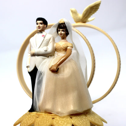 Cake Topper, Bride & Groom, Wilton, Hand Painted Celluloid, Real Tulle, Dove & Rings, Mid Century, Made in Hong Kong, Vintage, 1950s-1960s