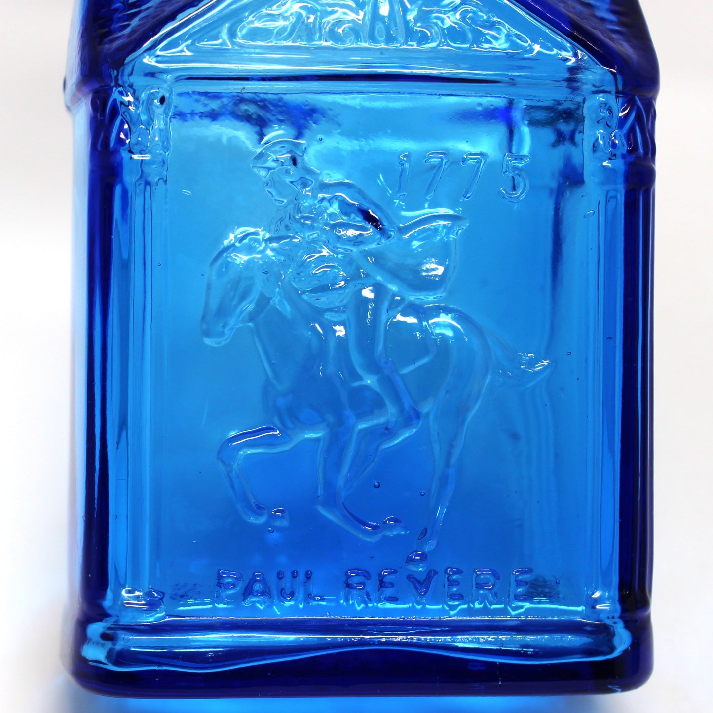 Bottle, Wheaton, Paul Revere, 1775 Midnight Ride, Commemorative, Blue Glass, American Eagle, Made in USA, Vintage, 1970s