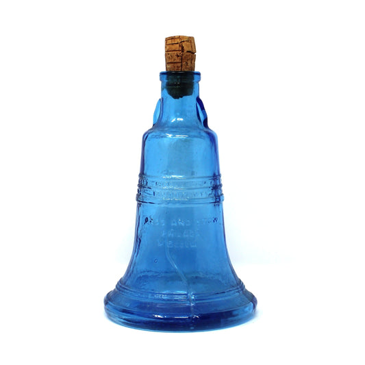 Vintage Decorative Bottle, Commemorative Liberty Bell Shaped with Cork Stopper, "Pass and Stow Bell" Blue Glass, Marked Wheaton NJ.
