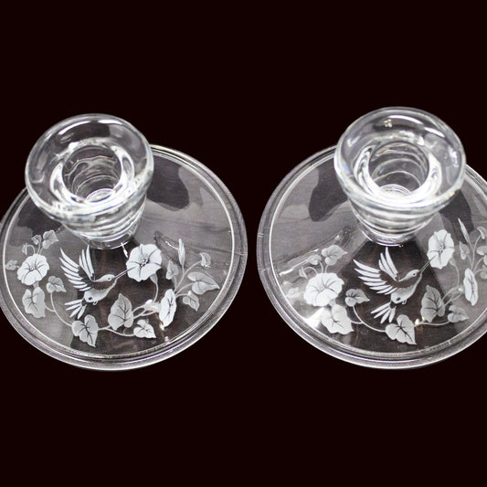 Candle Holders, Avon, Hummingbird Pattern, Frosted / Etched Crystal, Set of Two, Taper Size, Vintage