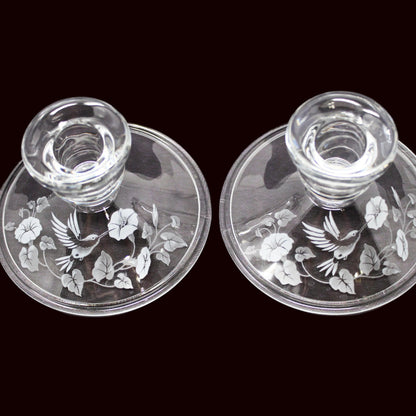 Candle Holders, Avon, Hummingbird Pattern, Frosted / Etched Crystal, Set of Two, Taper Size, Vintage