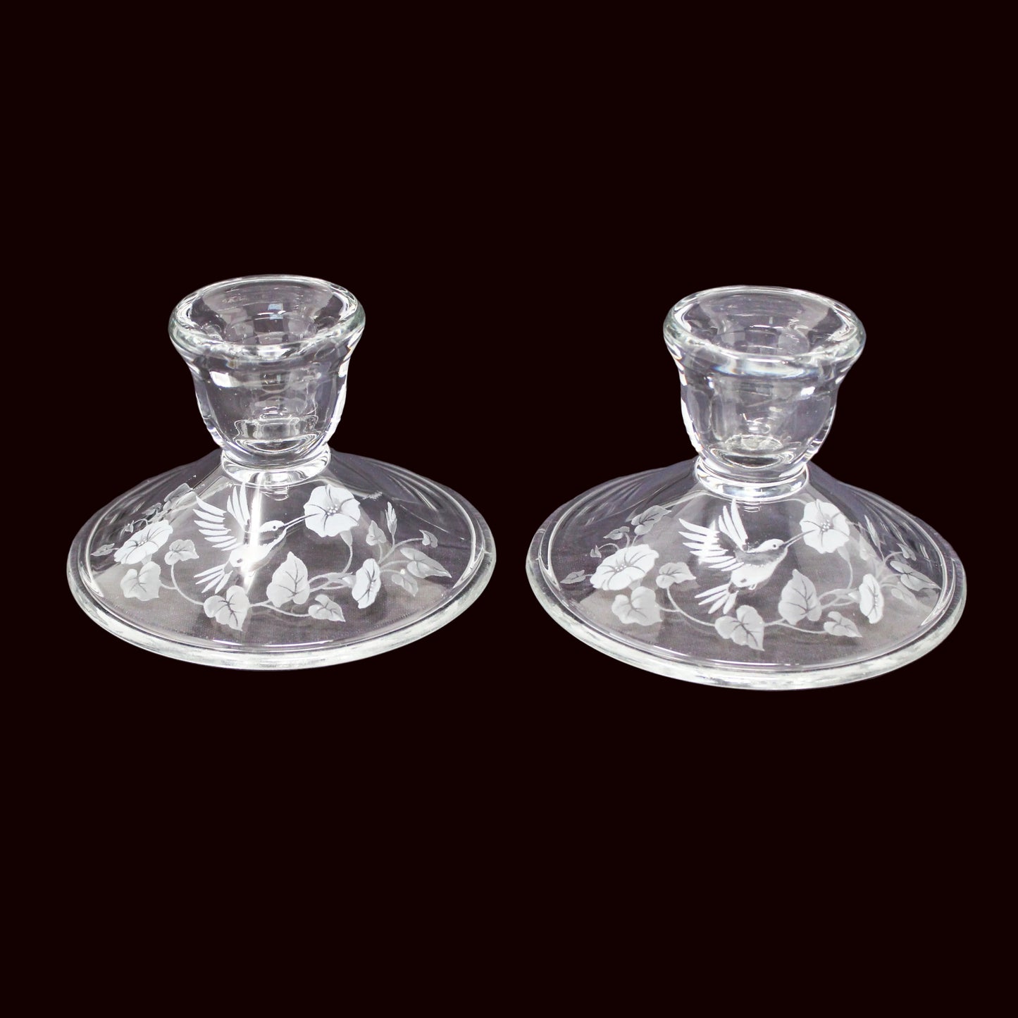 Candle Holders, Avon, Hummingbird Pattern, Frosted / Etched Crystal, Set of Two, Taper Size, Vintage