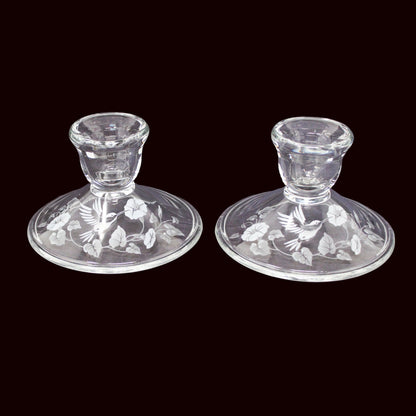 Candle Holders, Avon, Hummingbird Pattern, Frosted / Etched Crystal, Set of Two, Taper Size, Vintage