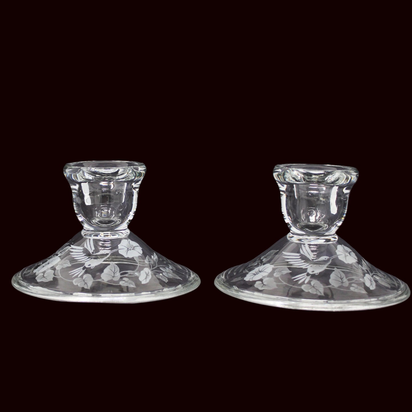 Candle Holders, Avon, Hummingbird Pattern, Frosted / Etched Crystal, Set of Two, Taper Size, Vintage