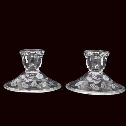 Candle Holders, Avon, Hummingbird Pattern, Frosted / Etched Crystal, Set of Two, Taper Size, Vintage