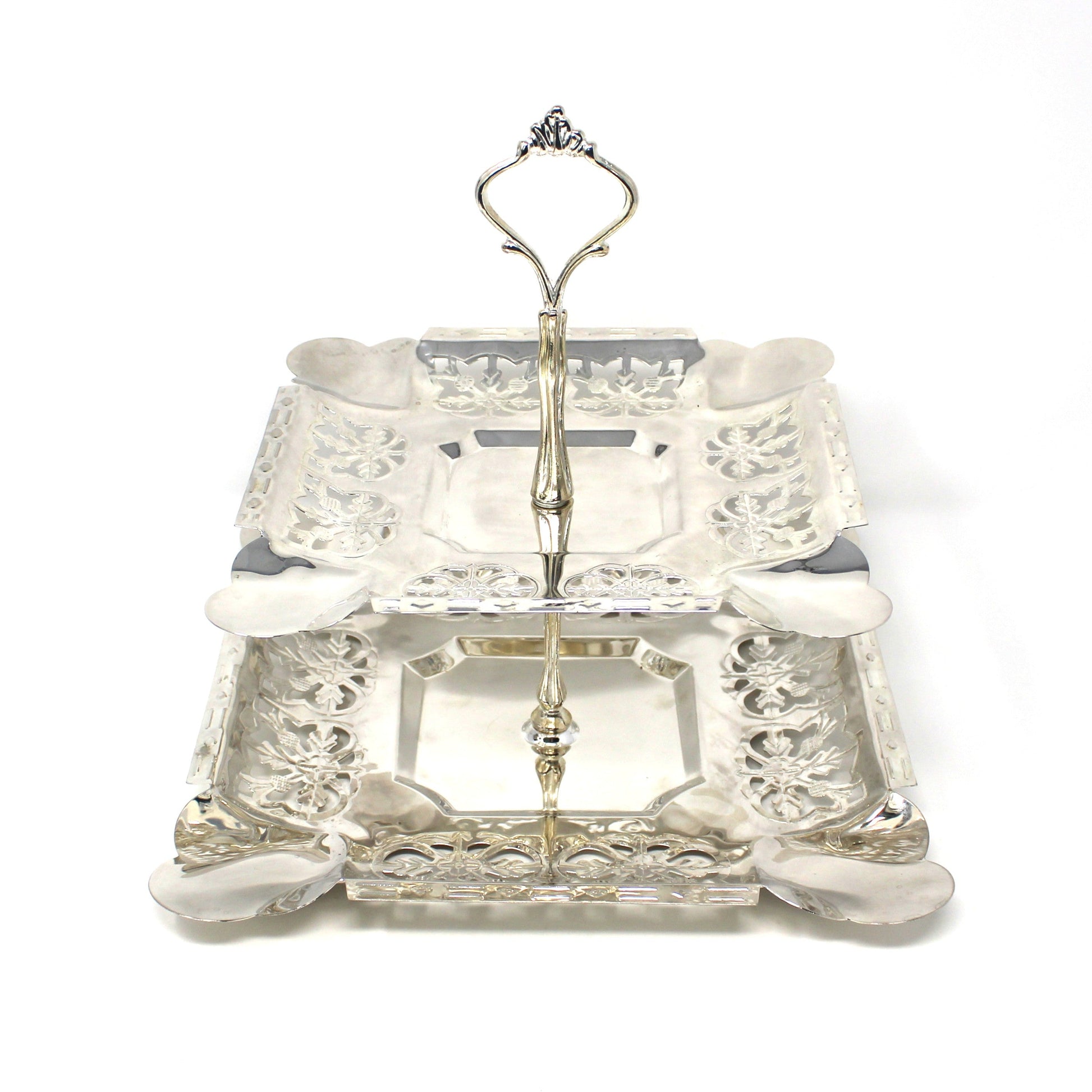 Vintage Two-Tier Server, Silverplated Square Tidbit Tray with Metal Handle from Studio Nova / Mikasa "Silver Radiance" Pattern HT105/810.