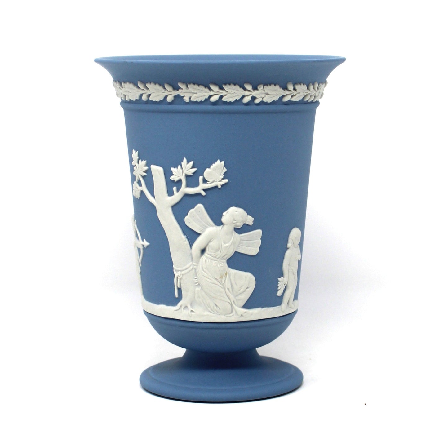 Vase, Wedgwood, Blue Jasperware, Flared Pedestal, Neoclassical Figures, 1985, Made in England