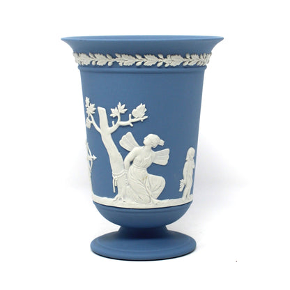 Vase, Wedgwood, Blue Jasperware, Flared Pedestal, Neoclassical Figures, 1985, Made in England