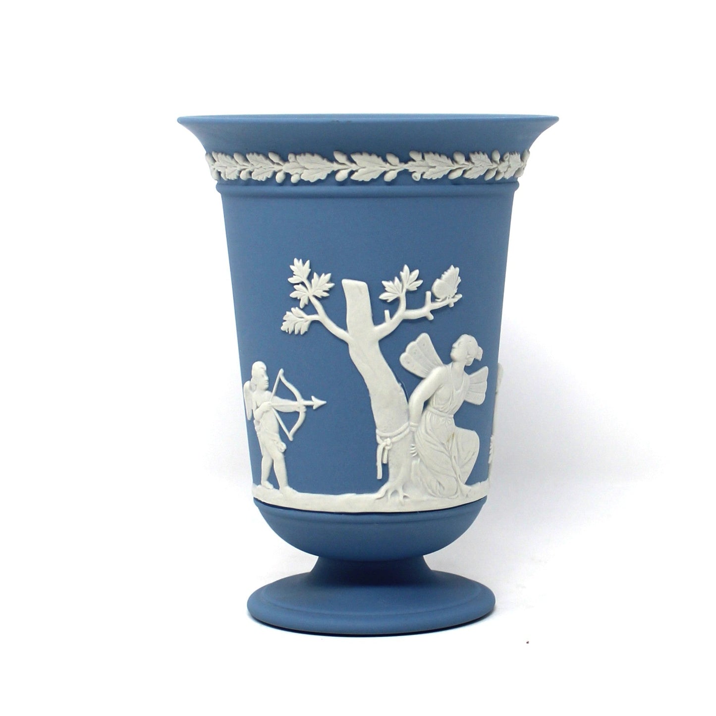 Vase, Wedgwood, Blue Jasperware, Flared Pedestal, Neoclassical Figures, 1985, Made in England