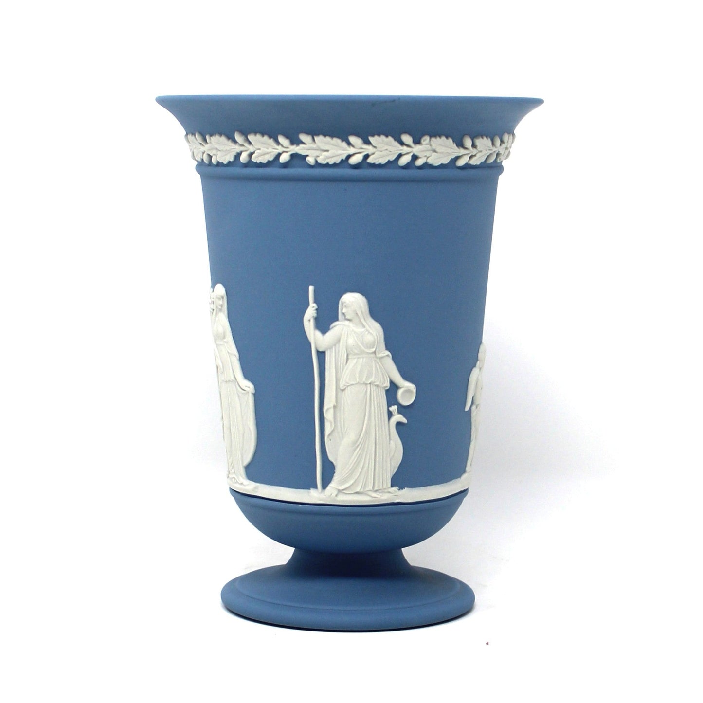 Vase, Wedgwood, Blue Jasperware, Flared Pedestal, Neoclassical Figures, 1985, Made in England