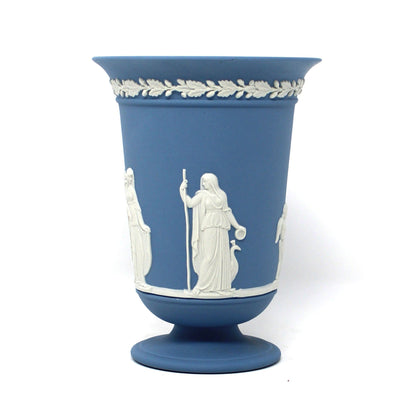 Vase, Wedgwood, Blue Jasperware, Flared Pedestal, Neoclassical Figures, 1985, Made in England