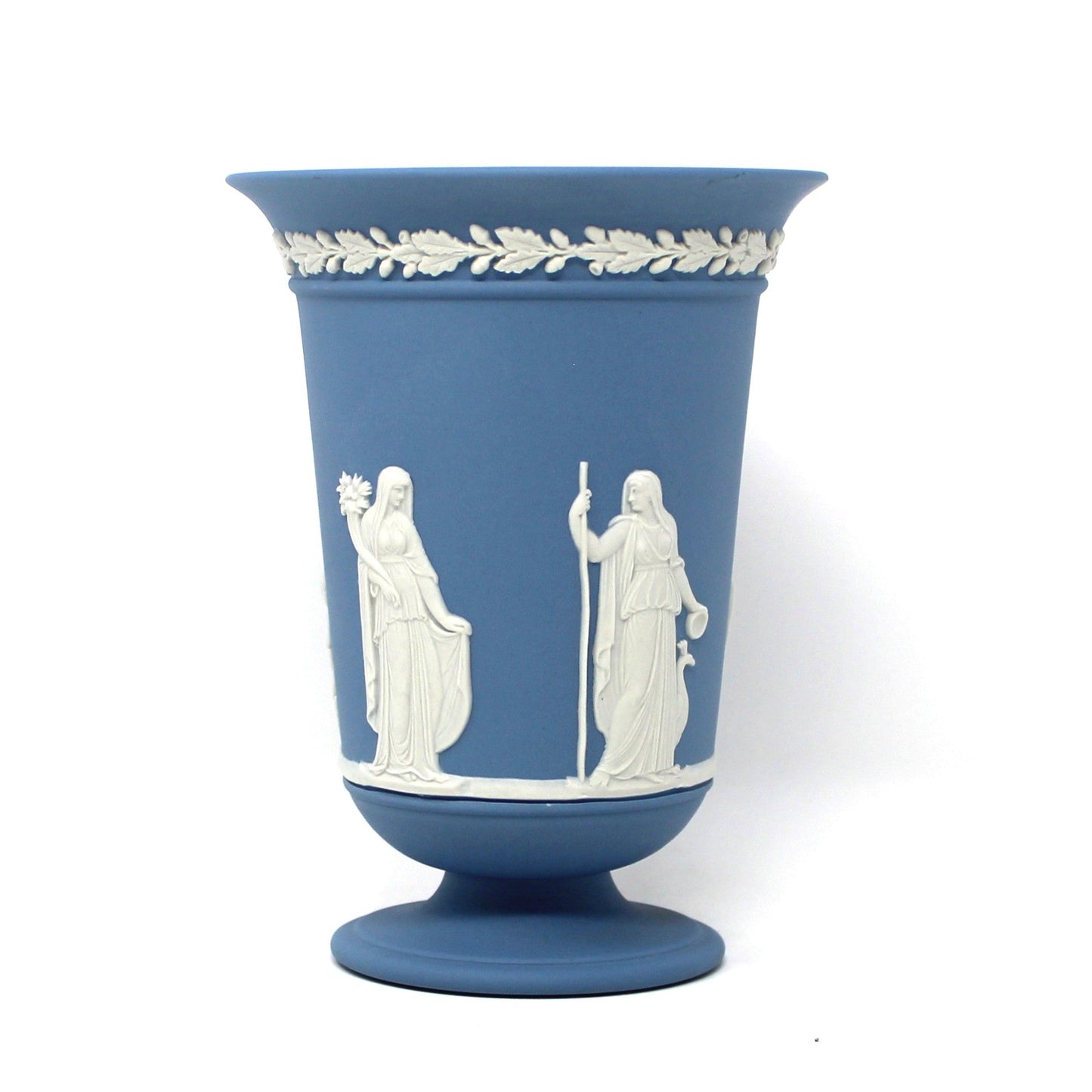 Vase, Wedgwood, Blue Jasperware, Flared Pedestal, Neoclassical Figures, 1985, Made in England