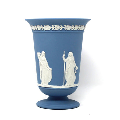 Vase, Wedgwood, Blue Jasperware, Flared Pedestal, Neoclassical Figures, 1985, Made in England