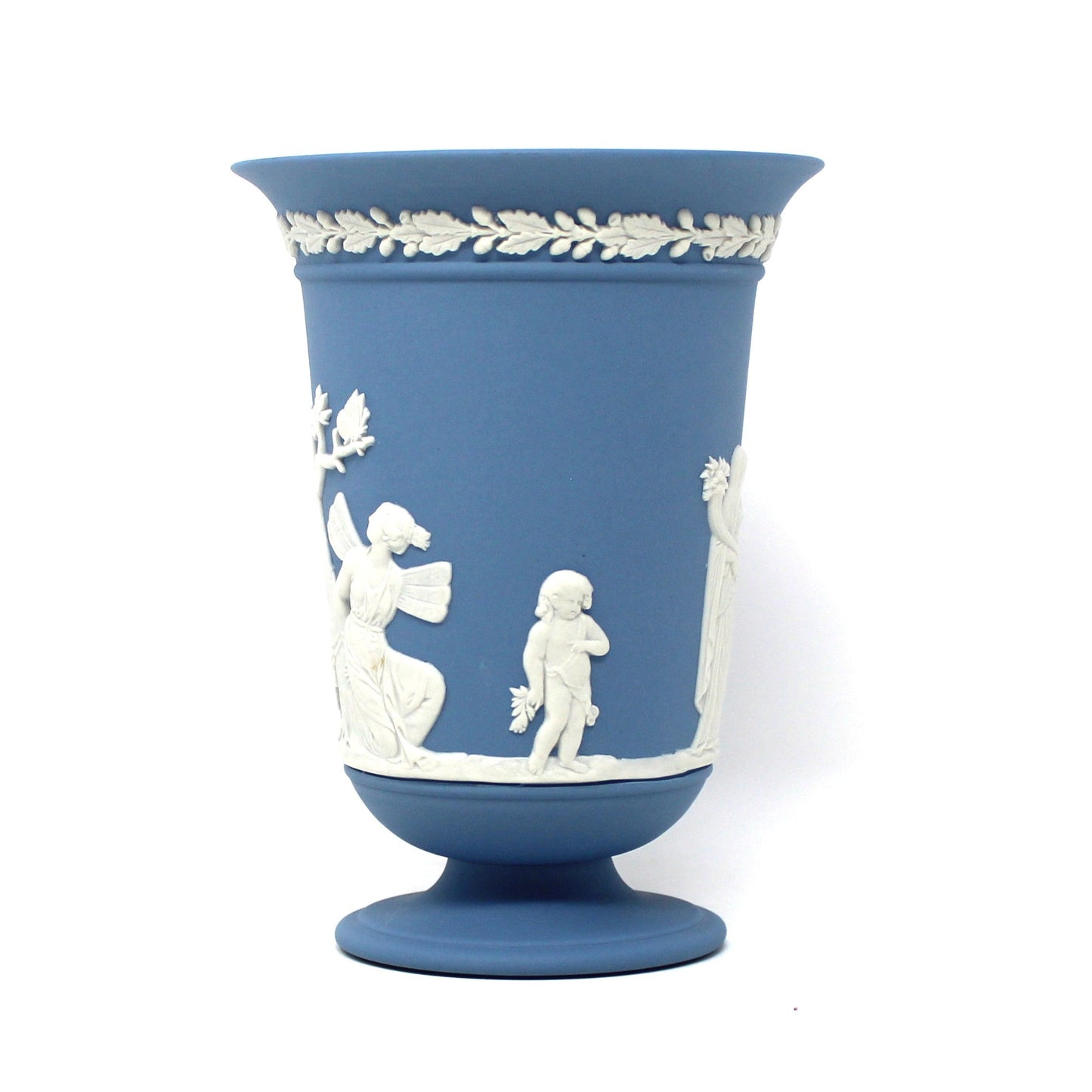 Vase, Wedgwood, Blue Jasperware, Flared Pedestal, Neoclassical Figures, 1985, Made in England