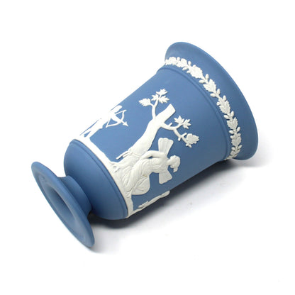 Vase, Wedgwood, Blue Jasperware, Flared Pedestal, Neoclassical Figures, 1985, Made in England
