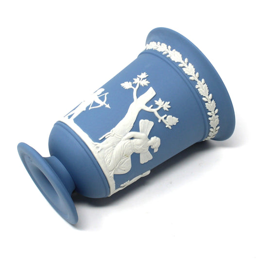 Vase, Wedgwood, Blue Jasperware, Flared Pedestal, Neoclassical Figures, 1985, Made in England