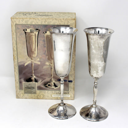 Champagne Flutes, Silverplate, Hallmark Wedding Collection, International Silver Co, Handmade, Bridal Toasting Set of 2, Vintage, 1970s