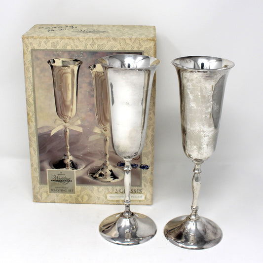 Champagne Flutes, Silverplate, Hallmark Wedding Collection, International Silver Co, Handmade, Bridal Toasting Set of 2, Vintage, 1970s