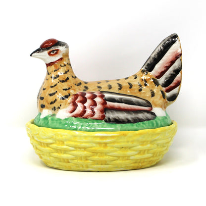 Hen in Nest, William Kent, Old Staffordshire Ware, Hand Painted Enamels, Antique, Made in England, 1891-1920s