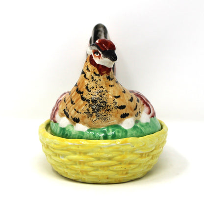 Hen in Nest, William Kent, Old Staffordshire Ware, Hand Painted Enamels, Antique, Made in England, 1891-1920s