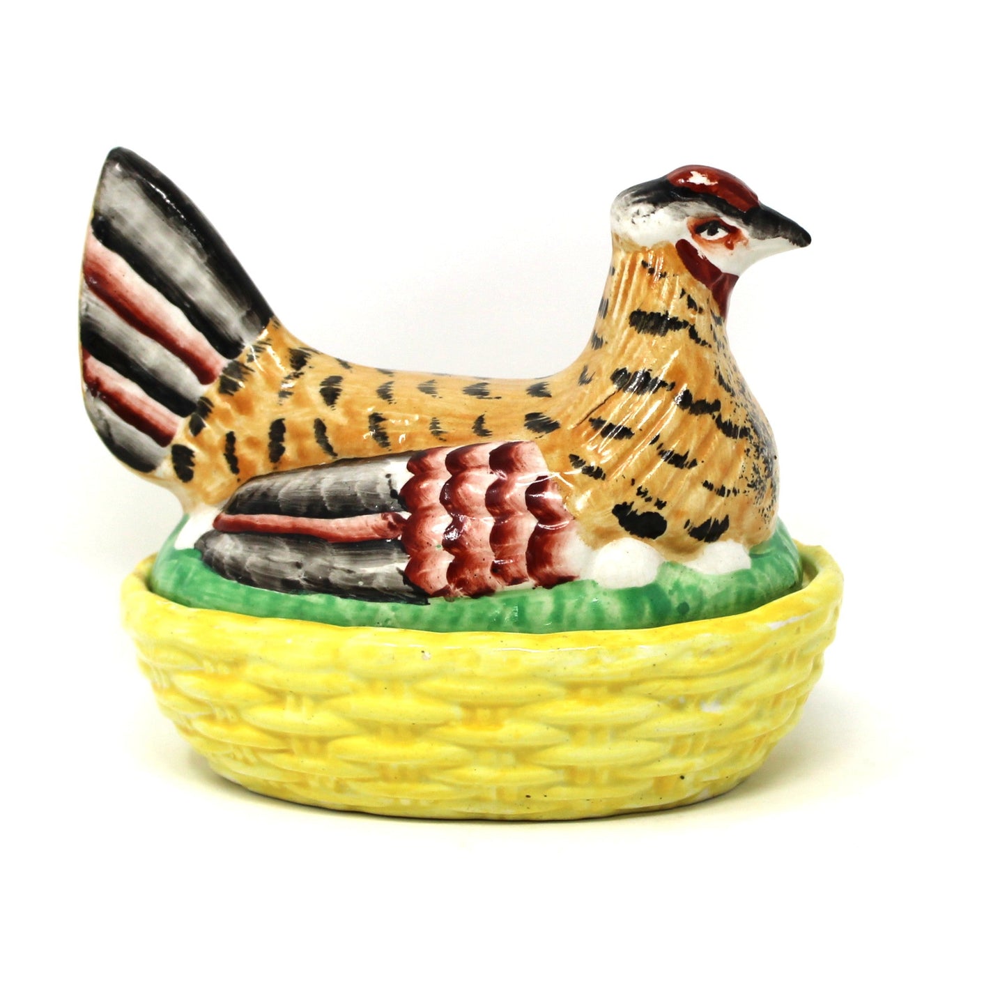 Hen in Nest, William Kent, Old Staffordshire Ware, Hand Painted Enamels, Antique, Made in England, 1891-1920s