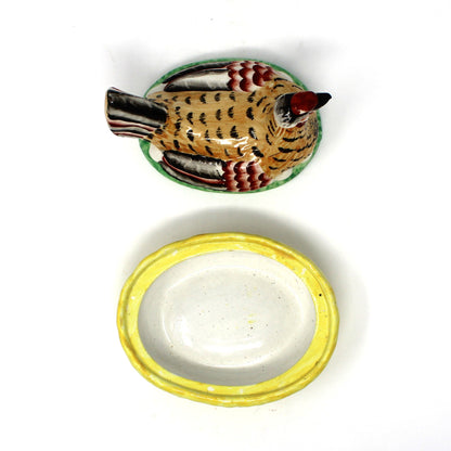 Hen in Nest, William Kent, Old Staffordshire Ware, Hand Painted Enamels, Antique, Made in England, 1891-1920s