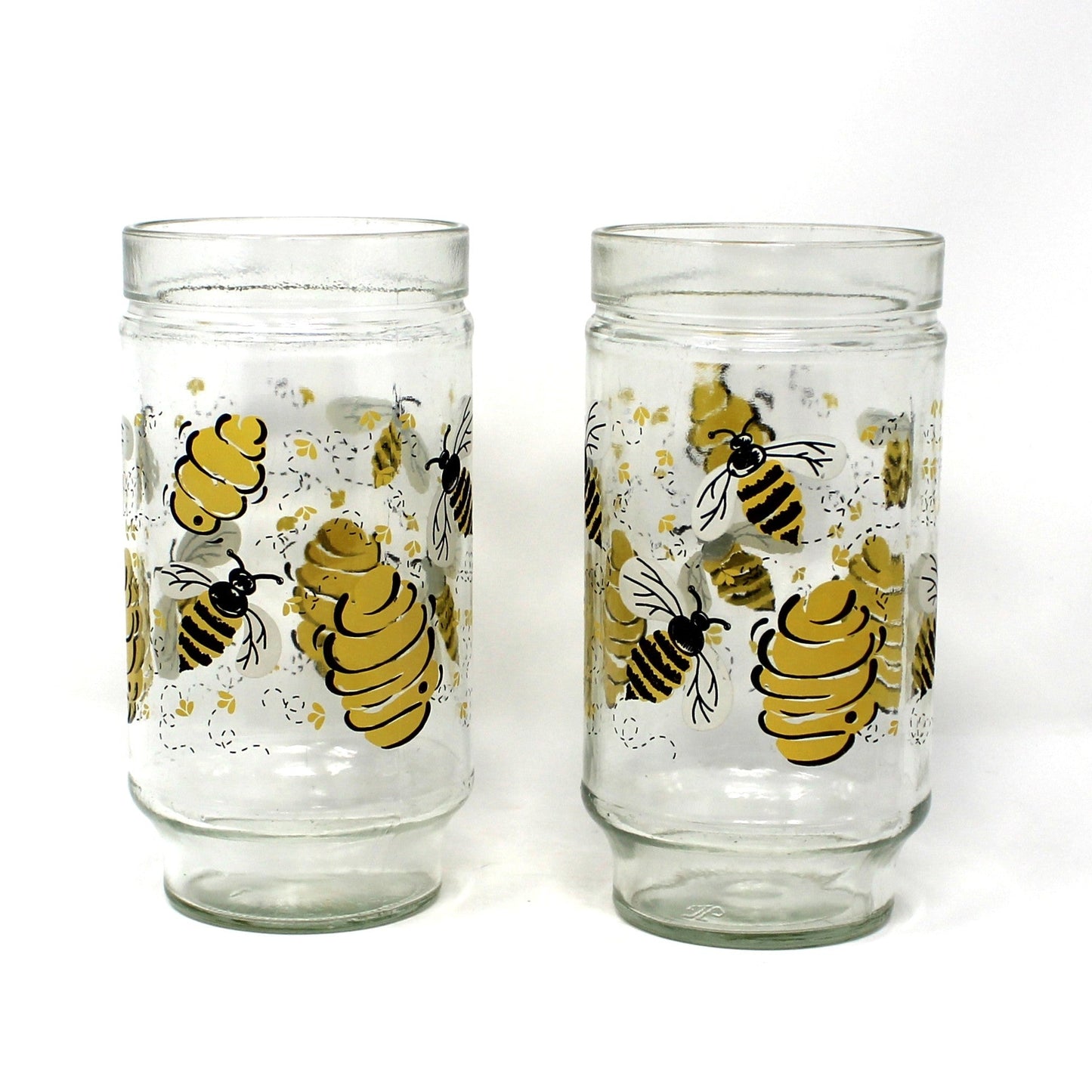 Glasses / Tumblers, Anchor Hocking, Bumble Bees & Beehives, Peanut Butter Jar Glasses, Set of 2, Made in USA, Vintage, 1980s