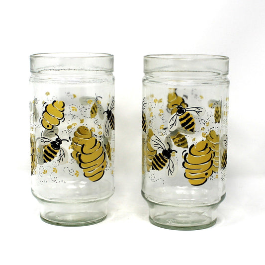 Glasses, Tumblers, Anchor Hocking, Bumble Bee, Peanut Butter Jars, Set of 2, Vintage Mid Century