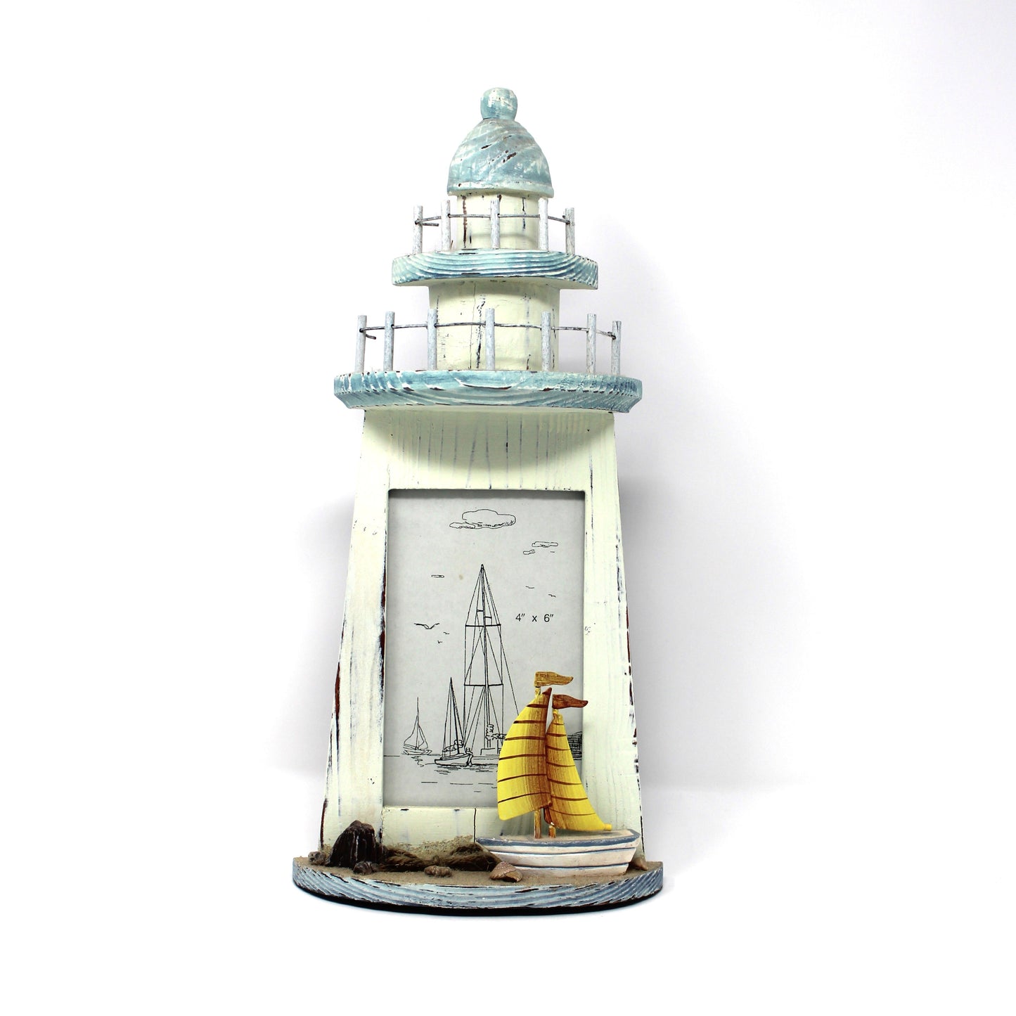 Photo Frame, Lighthouse and Sailboat, Coastal Home Decor, 4 x 6 Portrait Orientation, Beachcomber, Nautical