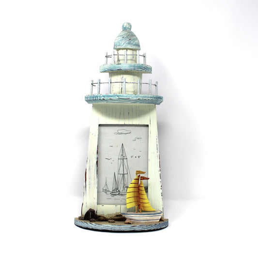 Photo Frame, Lighthouse and Sailboat, Coastal Home Decor, 4 x 6 Portrait Orientation, Beachcomber, Nautical