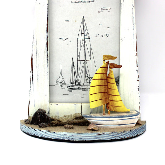 Photo Frame, Lighthouse and Sailboat, Coastal Home Decor, 4 x 6 Portrait Orientation, Beachcomber, Nautical