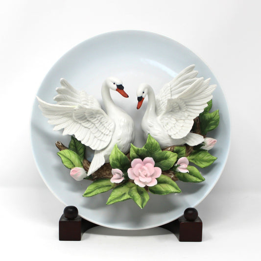Vintage Decorative Plate, 3D Two Swans among Pink Roses, Seymour Mann Connoisseur Collection By Mario Bernini, Porcelain Wall Decor, Wooden Stand Incl. Collectible 1995