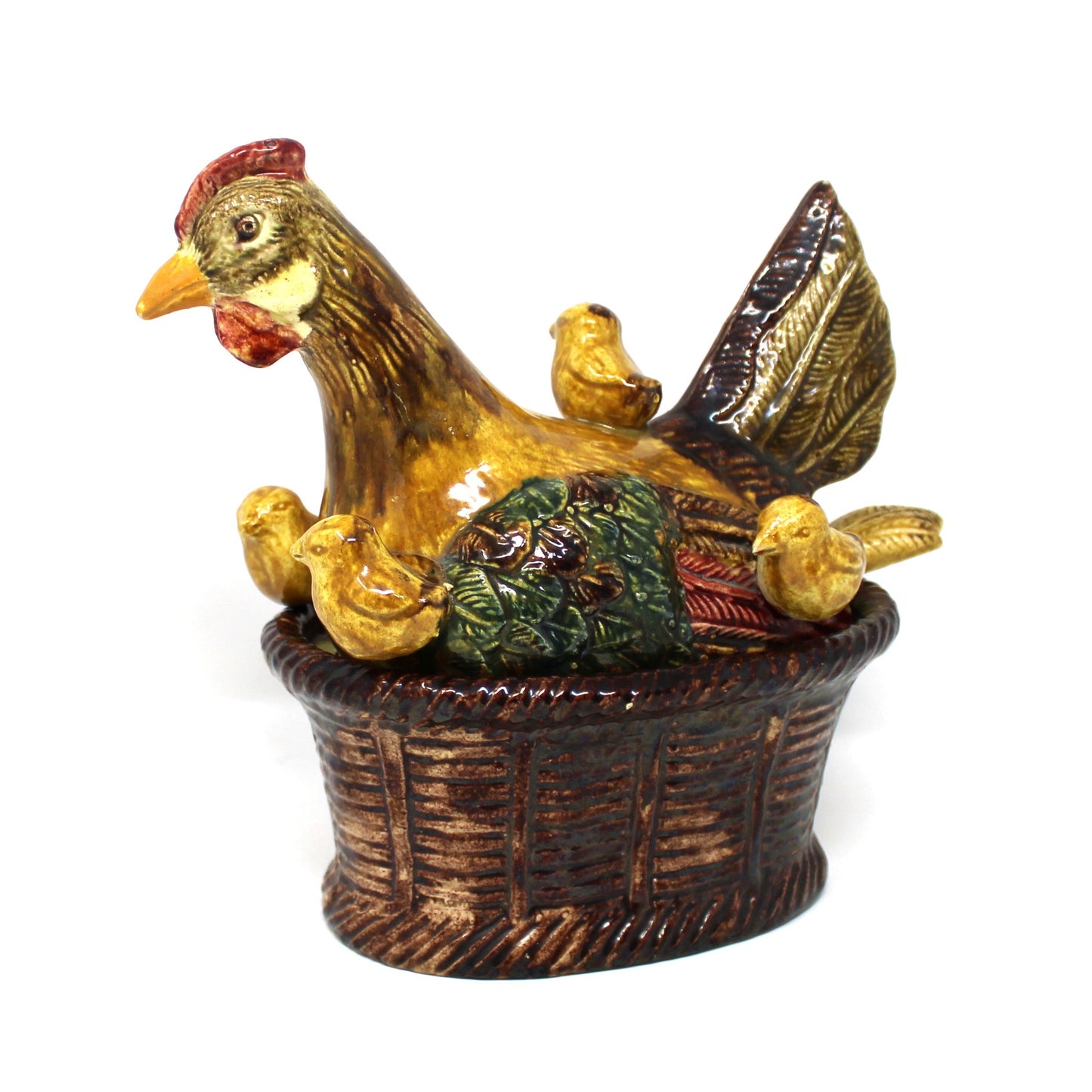 Hen in Nest with Baby Chicks, Tureen with Ladle, Majolica Ceramic Handmade in Portugal, 3D, Vintage 1970s