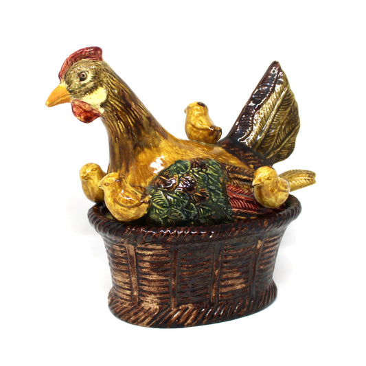 Hen in Nest with Baby Chicks, Tureen with Ladle, Majolica Ceramic Handmade in Portugal, 3D, Vintage 1970s