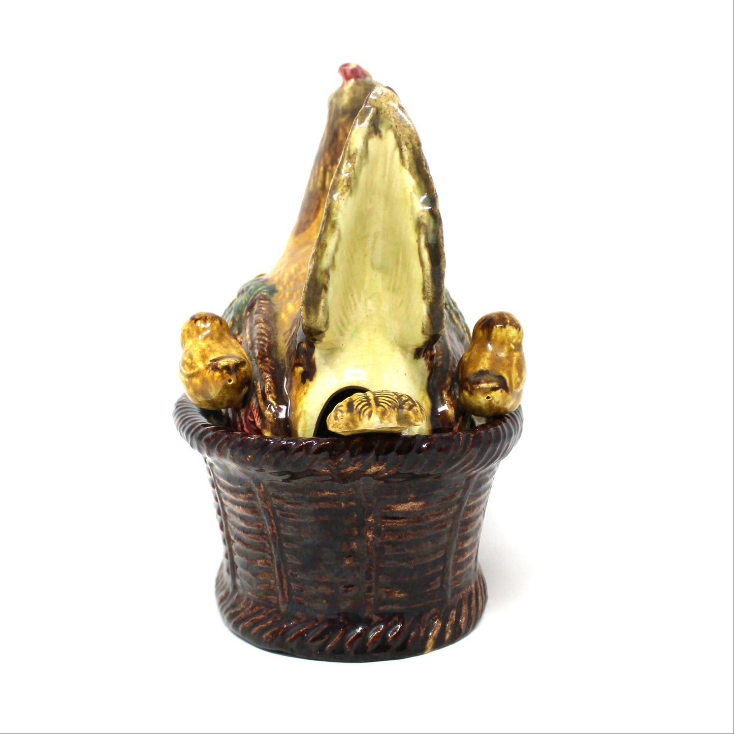 Hen in Nest with Baby Chicks, Tureen with Ladle, Majolica Ceramic Handmade in Portugal, 3D, Vintage 1970s