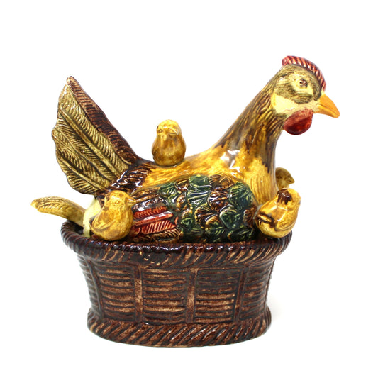 Hen in Nest with Baby Chicks, Tureen with Ladle, Majolica Ceramic Handmade in Portugal, 3D, Vintage 1970s