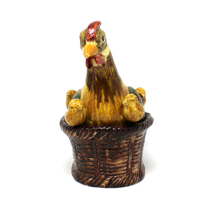 Hen in Nest with Baby Chicks, Tureen with Ladle, Majolica Ceramic Handmade in Portugal, 3D, Vintage 1970s