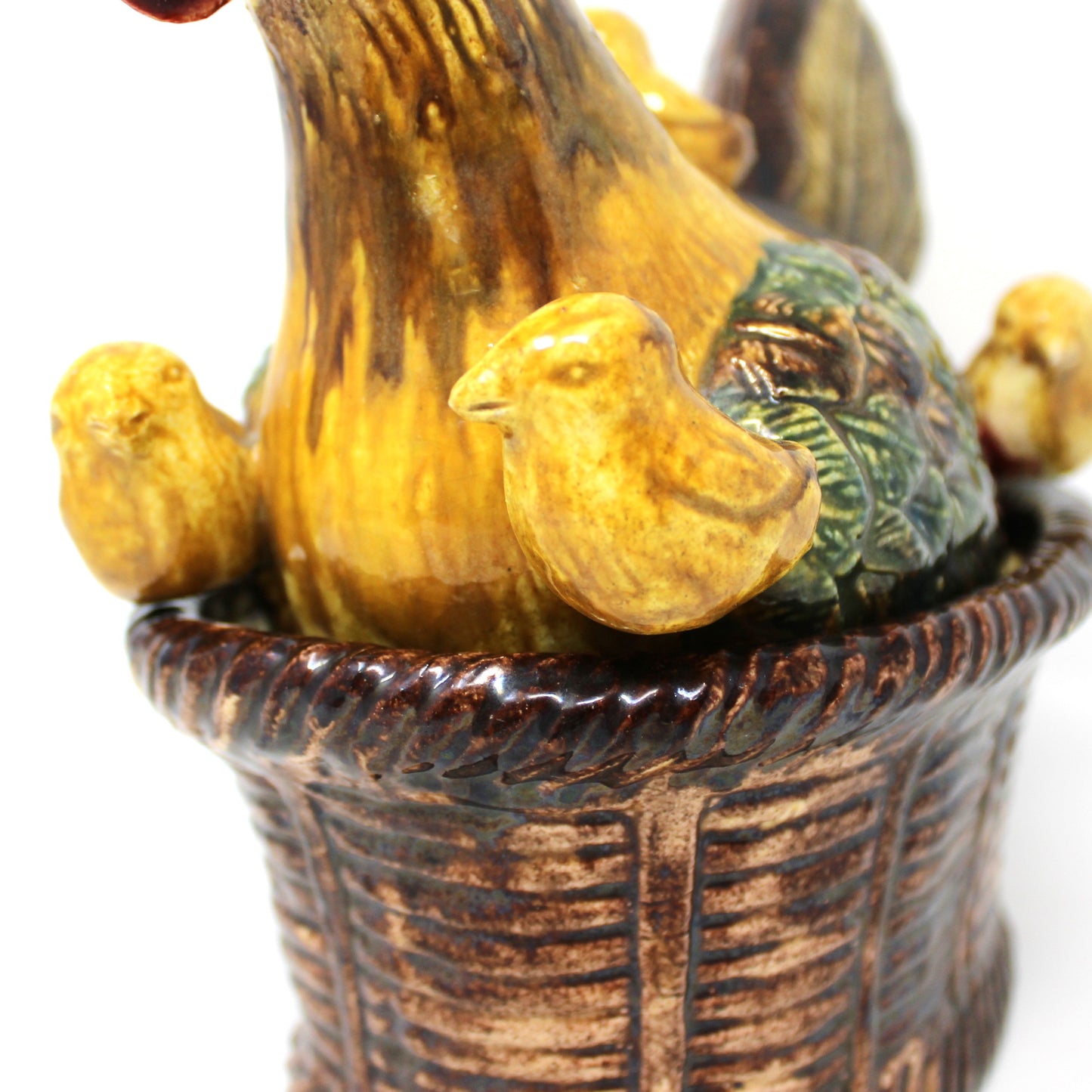 Hen in Nest with Baby Chicks, Tureen with Ladle, Majolica Ceramic Handmade in Portugal, 3D, Vintage 1970s